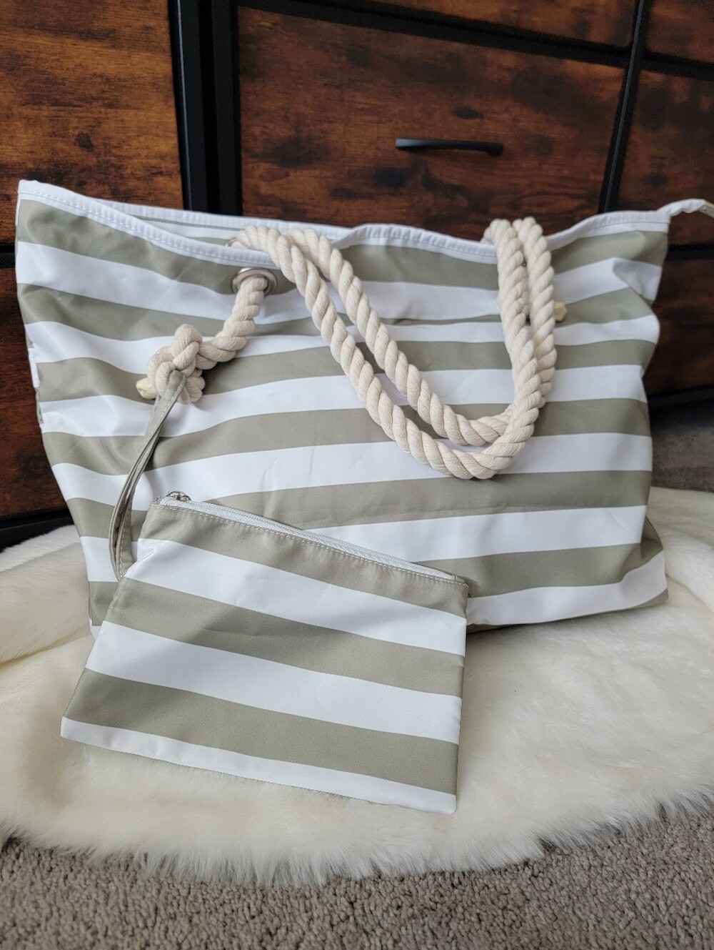 Striped Olive & White Rope-Handle Tote with Matching Pouch